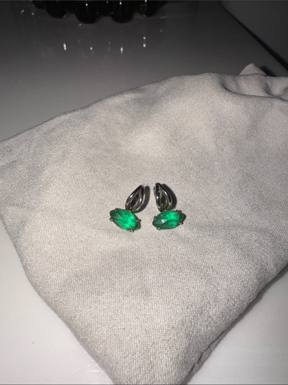 Anthropologie Silver-Tone Earrings with Emerald Green Marquise Stones